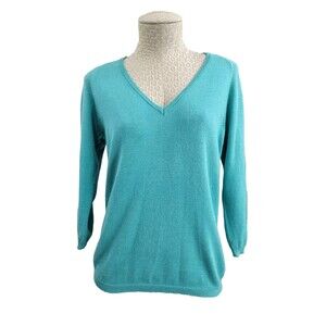 LM Women's Size 46 AnneClaire Aqua Cotton Cashmere 3/4 Slv Pullover Sweater EUC